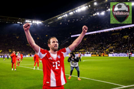 لقطة احتفالية للاعبي بايرن ميونخ بعد الفوز في دير كلاسيكر، مع شعارات الدوريات الأوروبية.