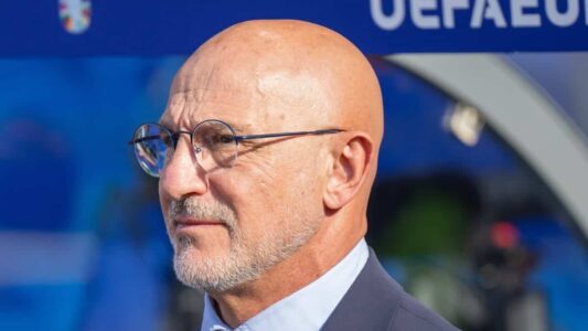 لويس دي لا فوينتي مدرب منتخب إسبانيا يحتفل بحماس بعد تأهل الفريق لنهائي كأس العالم.